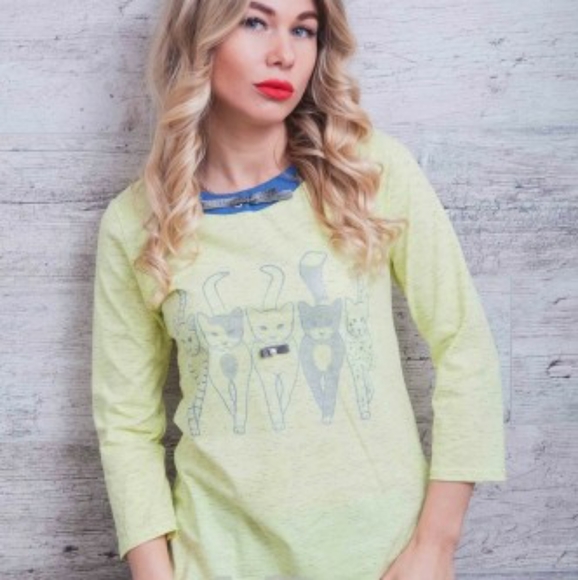 YELLOW OR PINK FASHION WOMEN TOP WITH CATS - Picture 2 of 16